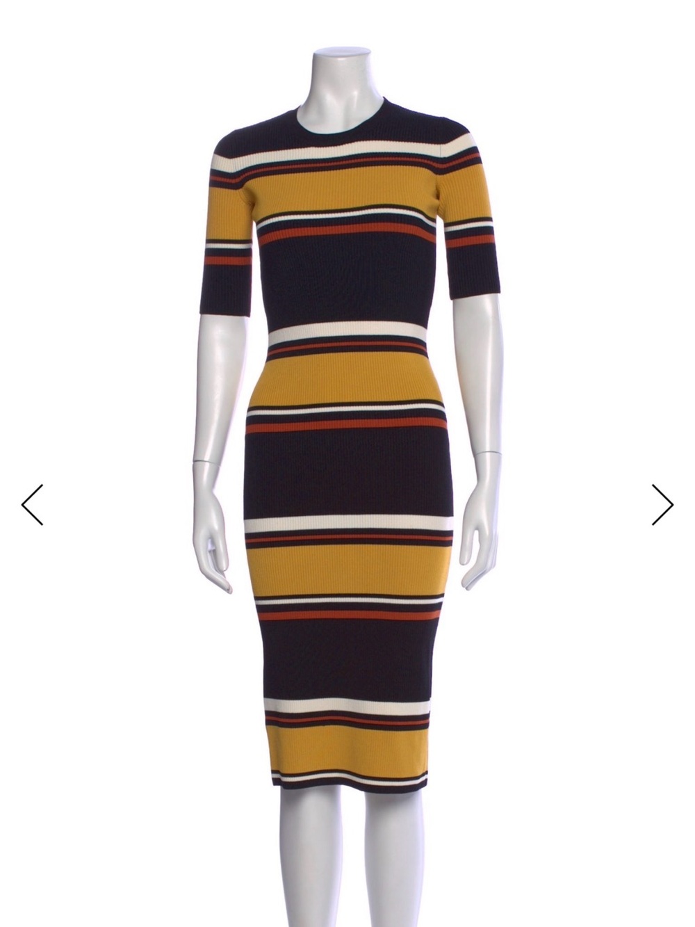 INTERMIX Striped Rib-Knit Midi Dress in Mustard, Black & Cream